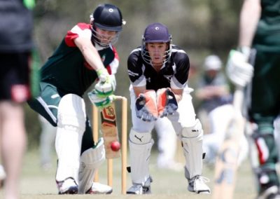 Celtic's Jeremy Liddy plays a forward defensive shot as Temuka's wicket-keeper Nathan Sew Hoy watches on.