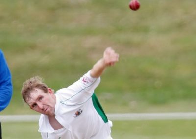 Nathan McNicol sends down a thunderbolt against North Otago at Aorangi Oval.